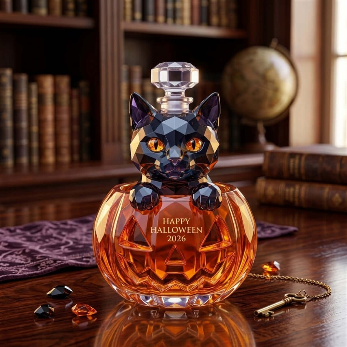 Happy Halloween 2026 Black Cat in Pumpkin Geometric Decanter Bottle