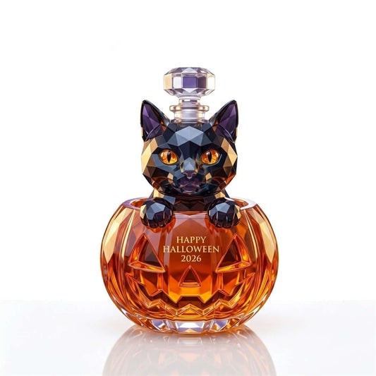 Happy Halloween 2026 Black Cat in Pumpkin Geometric Decanter Bottle